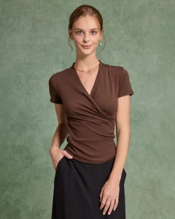 Brown Ruched Slim Knit Tee