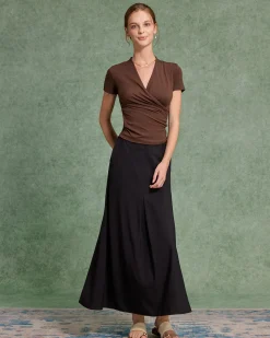 Brown Ruched Slim Knit Tee