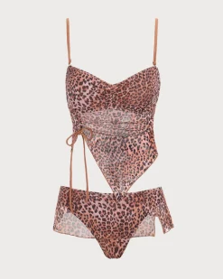 Brown Shirred Leopard Print Tankini Swimsuit