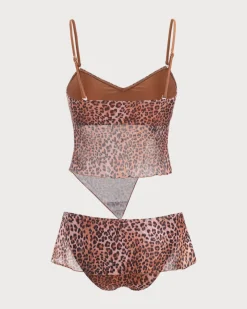 Brown Shirred Leopard Print Tankini Swimsuit