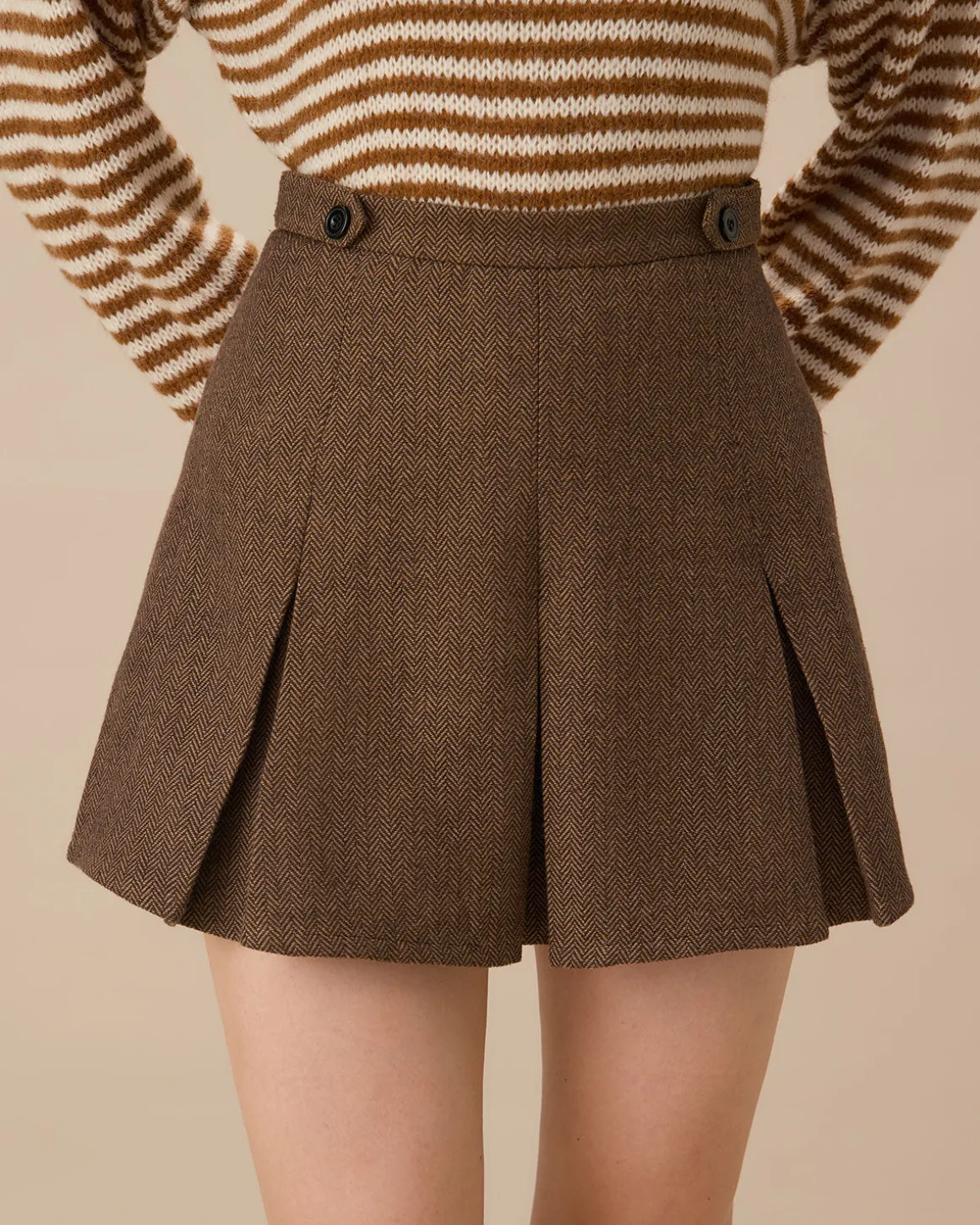 Brown Striped Pleated Mini Skirt