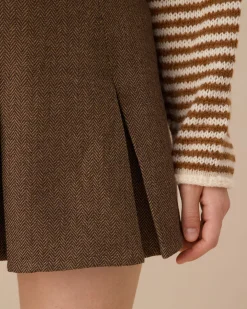 Brown Striped Pleated Mini Skirt