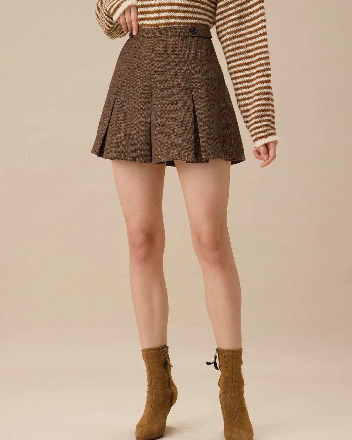 Brown Striped Pleated Mini Skirt