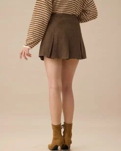 Brown Striped Pleated Mini Skirt
