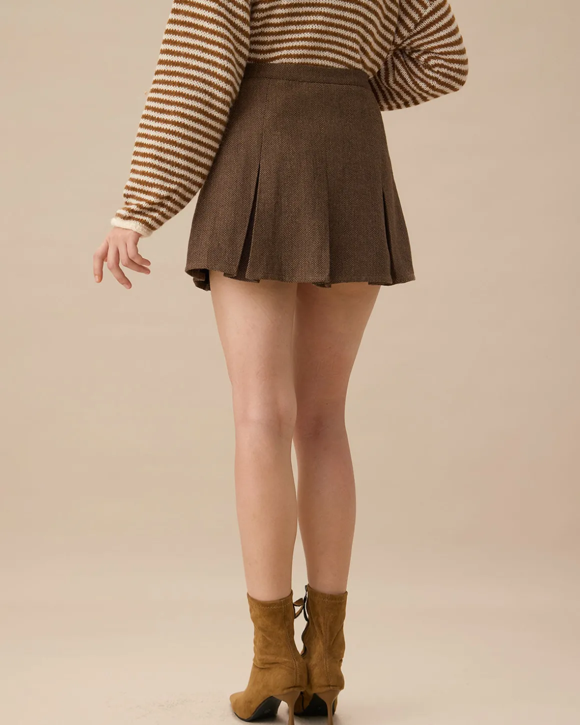 Brown Striped Pleated Mini Skirt