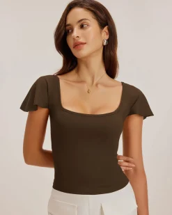 Brown U Neck Ruffle Tee