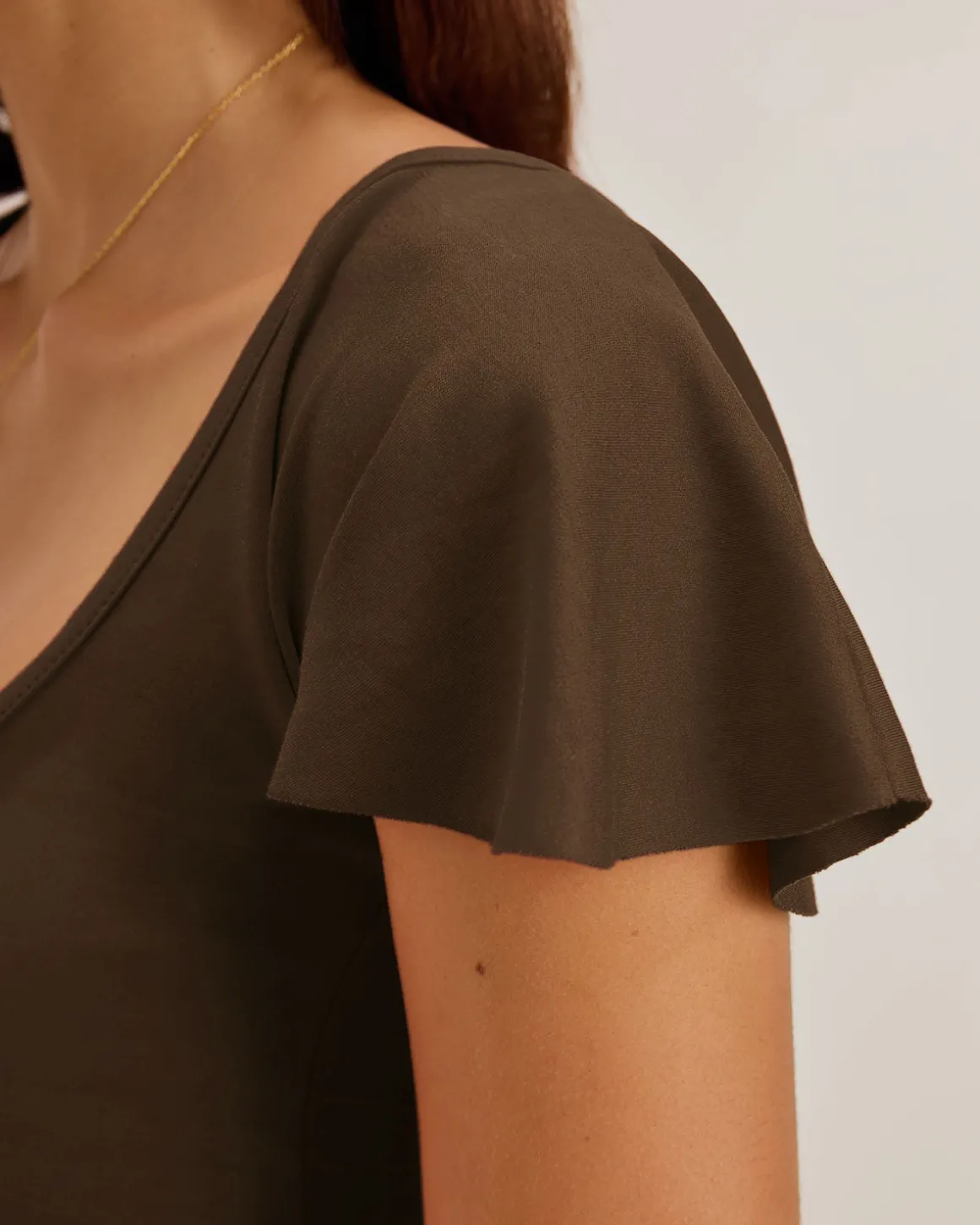 Brown U Neck Ruffle Tee