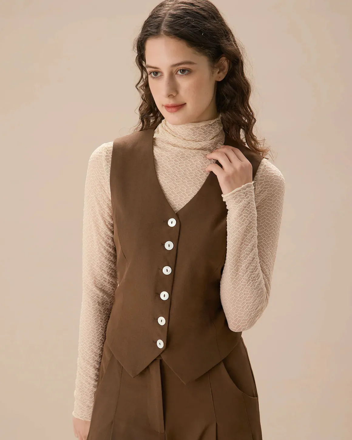 Brown V Neck Button Up Sleeveless Vest