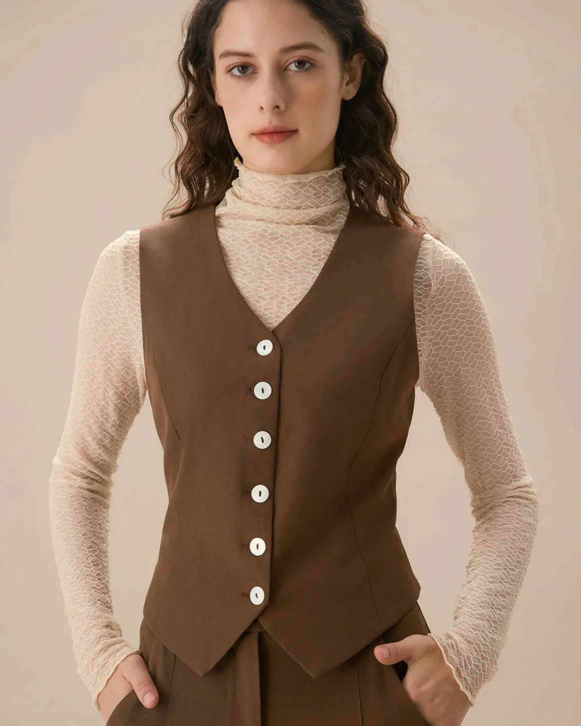 Brown V Neck Button Up Sleeveless Vest