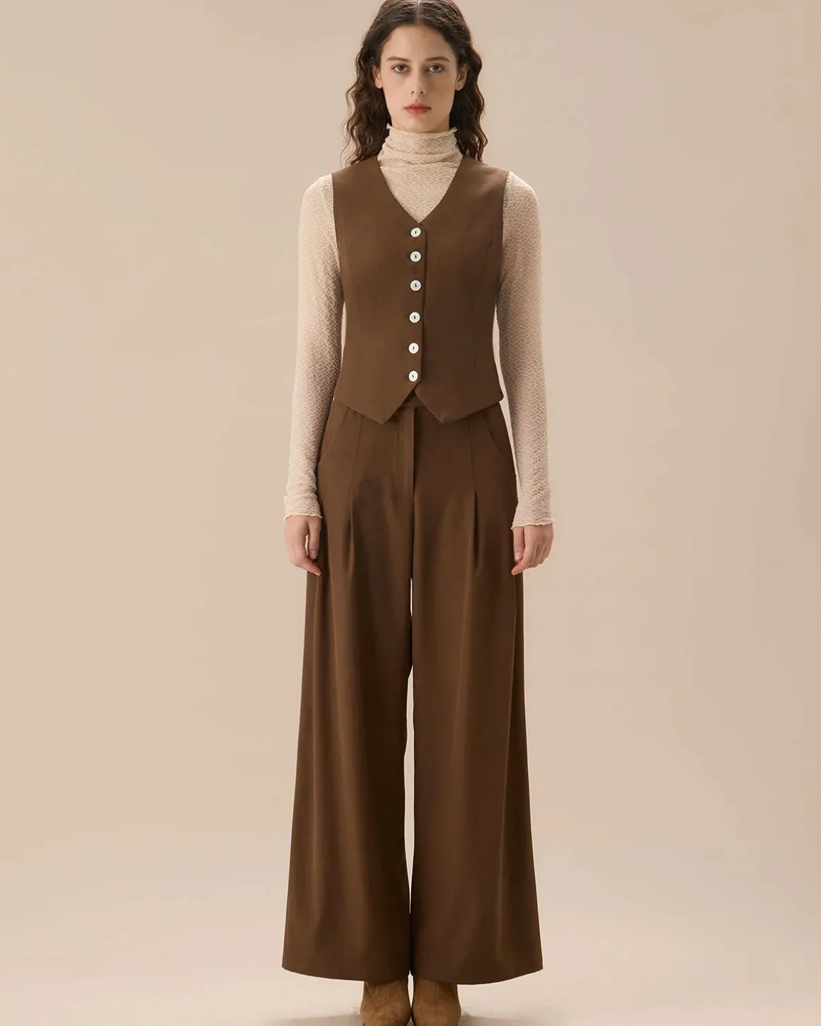 Brown V Neck Button Up Sleeveless Vest