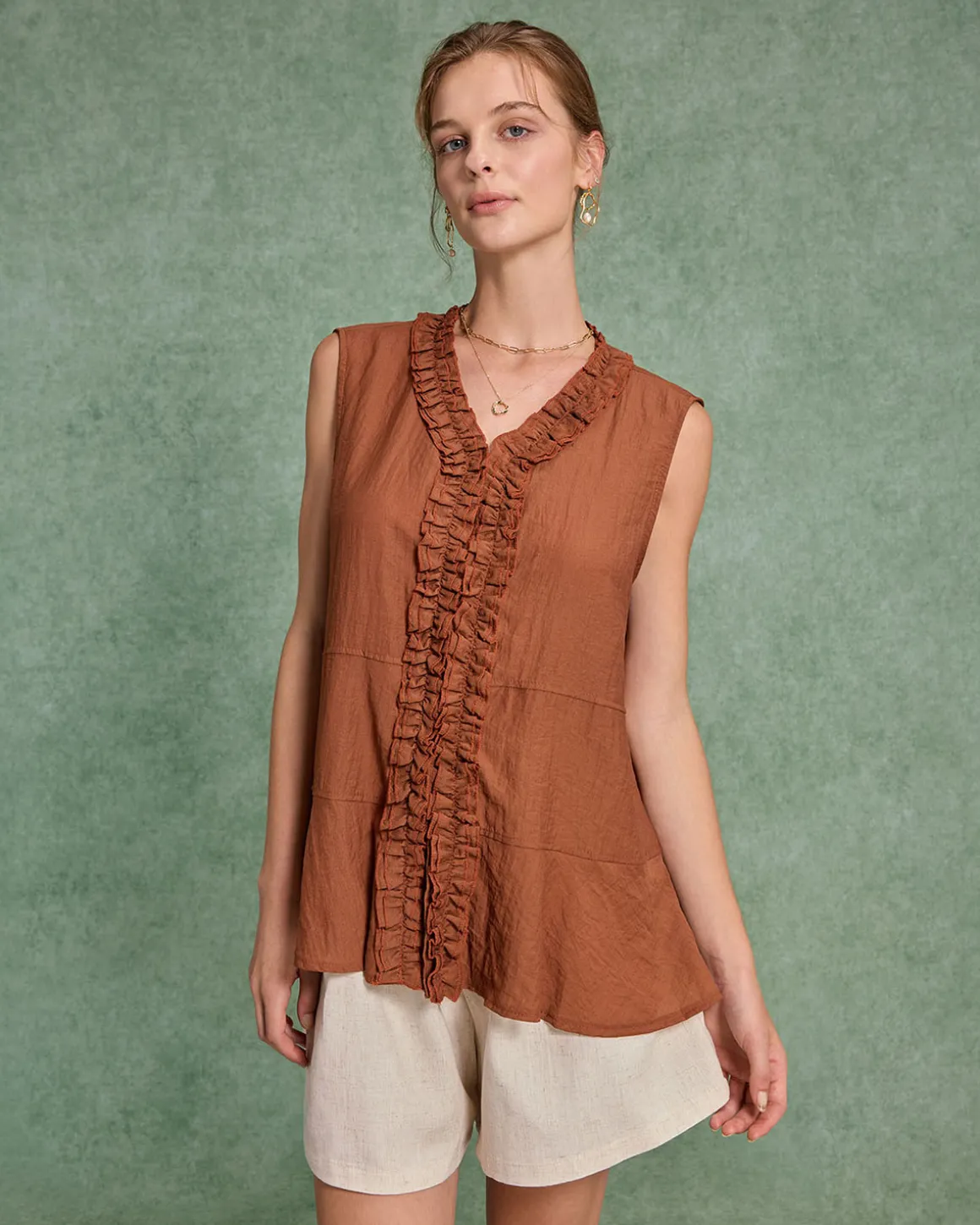 Brown V Neck Ruffle Tank Top