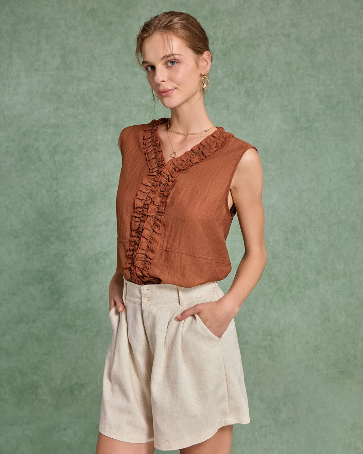 Brown V Neck Ruffle Tank Top