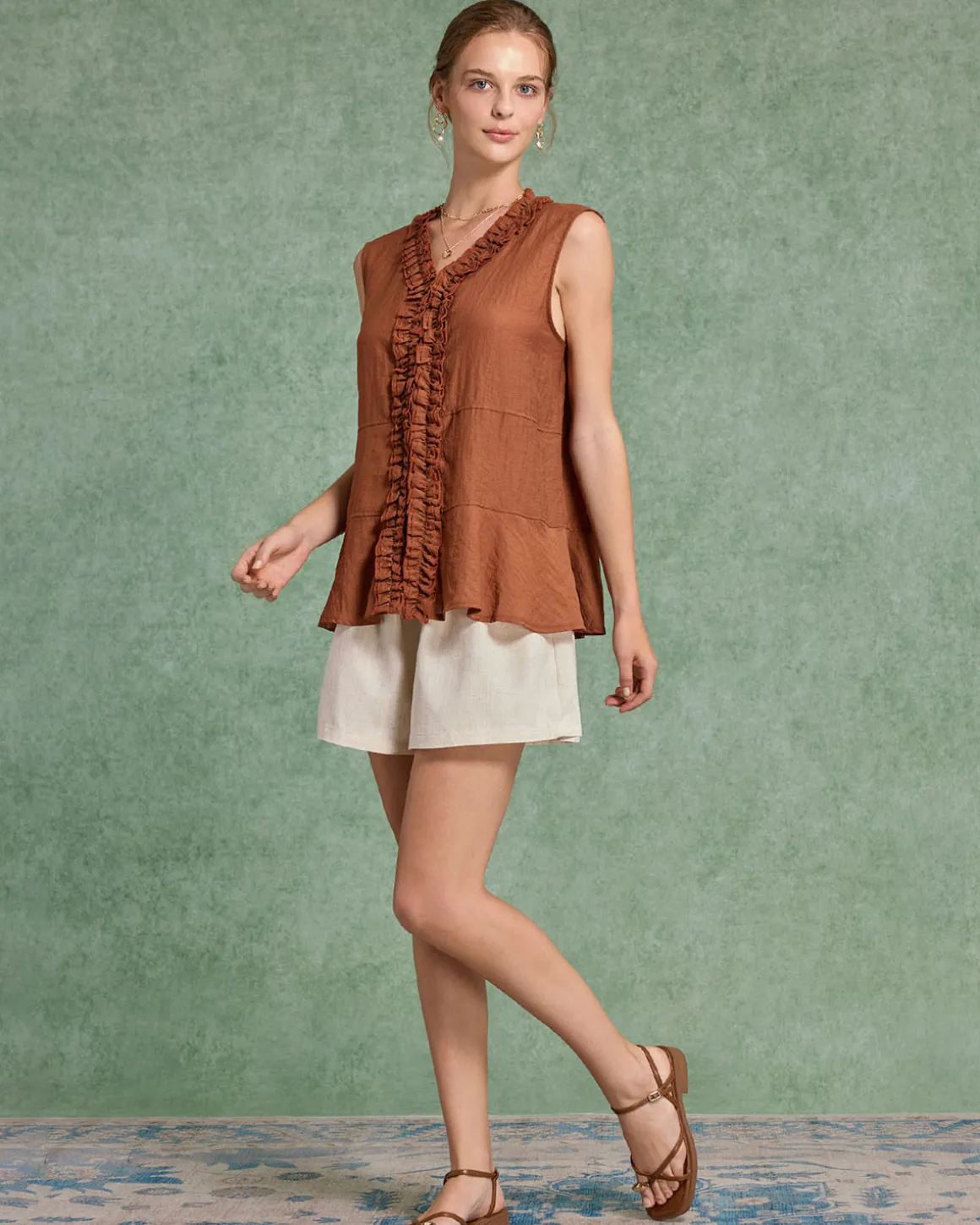 Brown V Neck Ruffle Tank Top