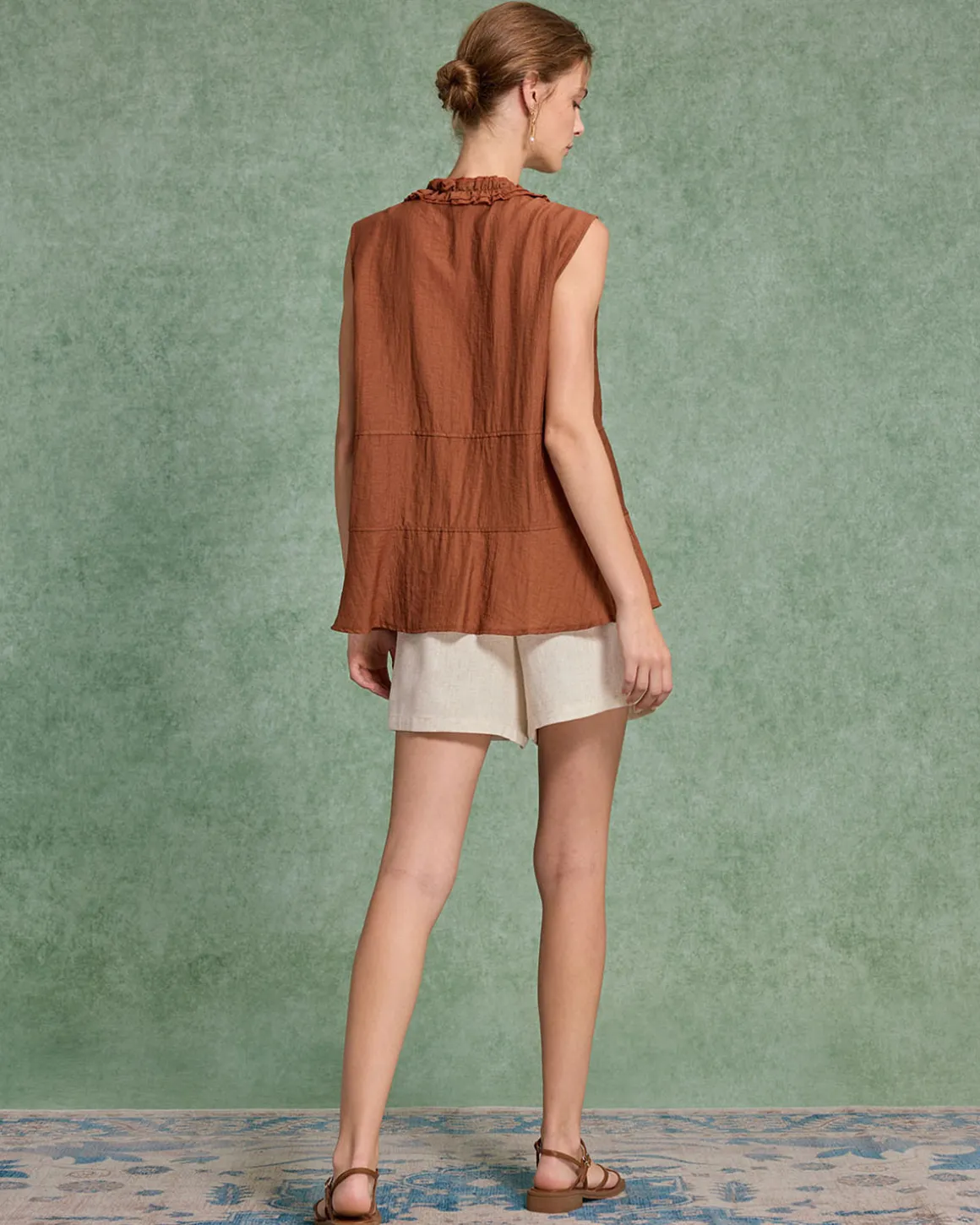 Brown V Neck Ruffle Tank Top