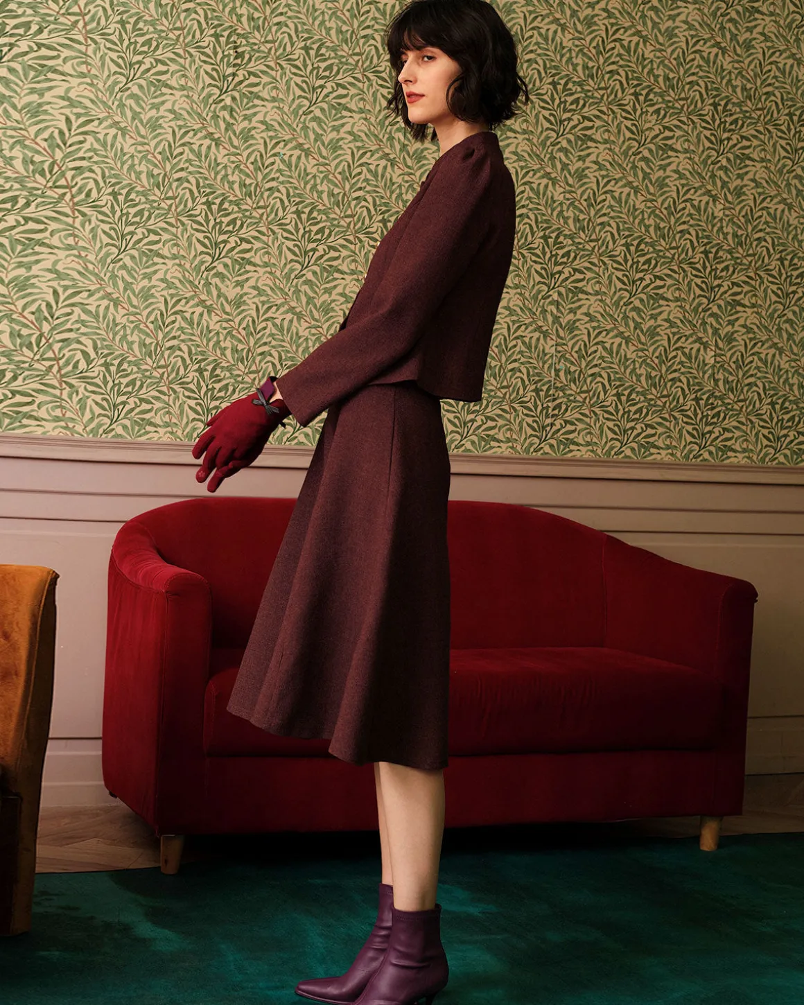 Burgundy High Waisted Tweed Skirt