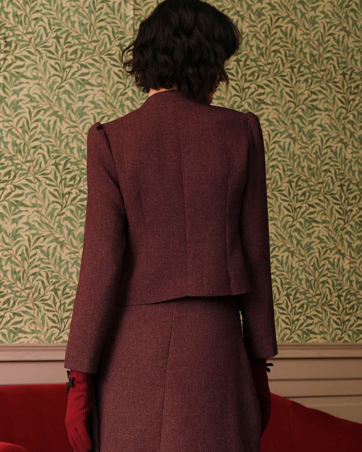 Burgundy Retro Single-breasted Tweed Jacket