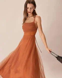 Caramel Mesh Flowy Slip Midi Dress