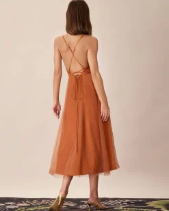Caramel Mesh Flowy Slip Midi Dress