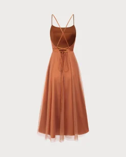 Caramel Mesh Flowy Slip Midi Dress