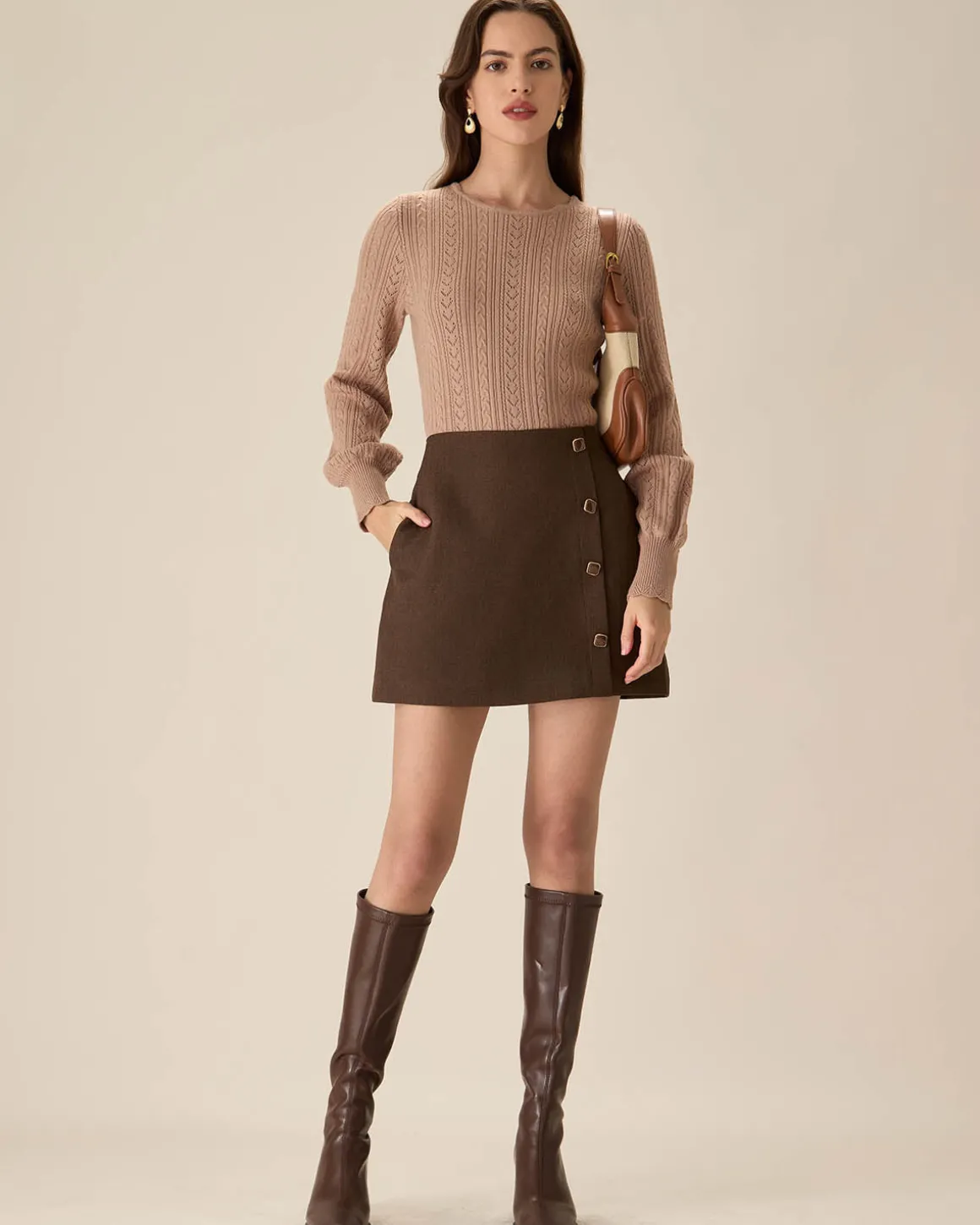 Coffee High-waisted Button Mini Skirt