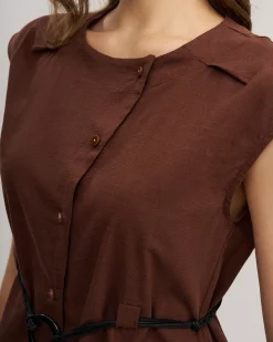 Coffee Round Neck Belted Blouse