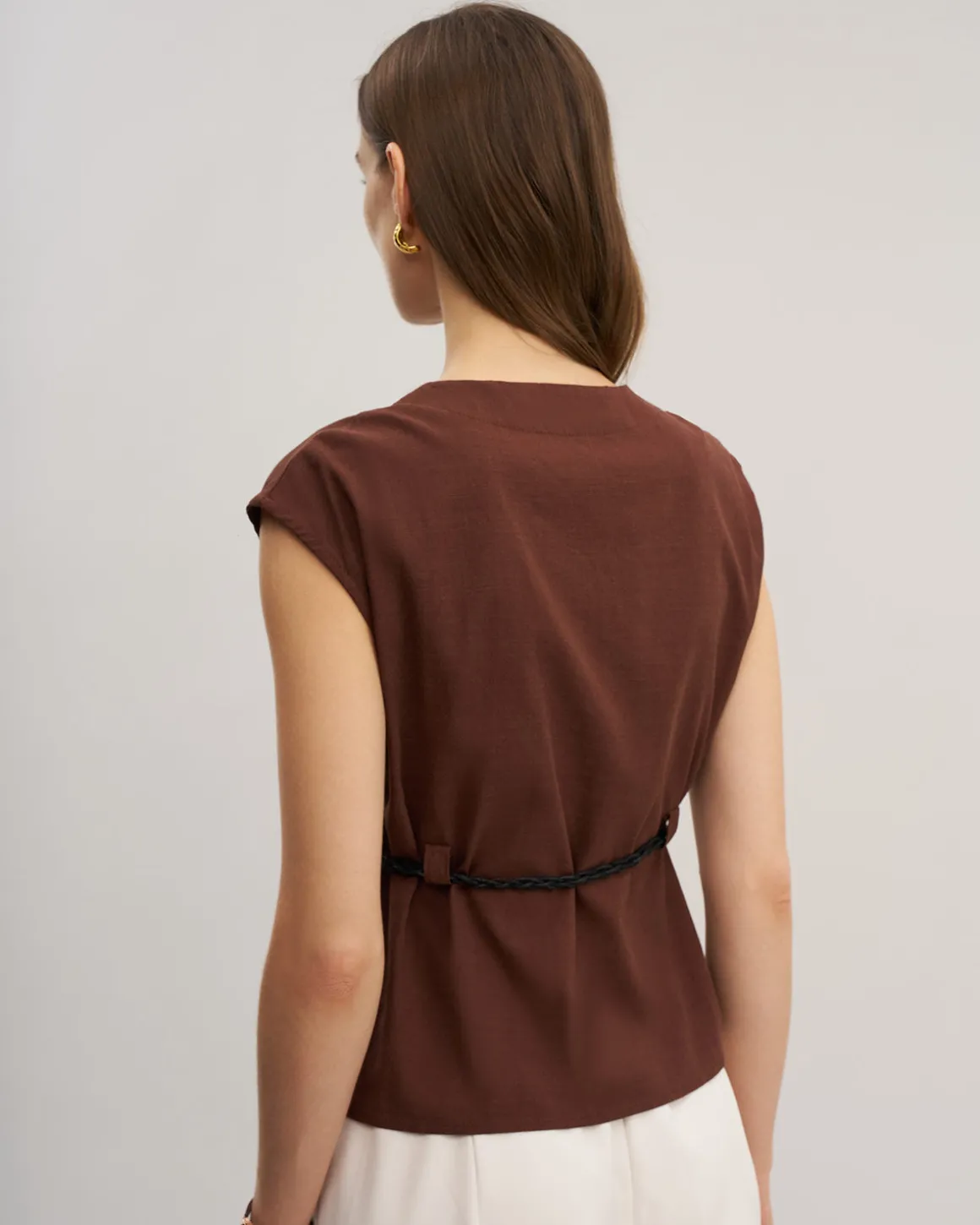 Coffee Round Neck Belted Blouse