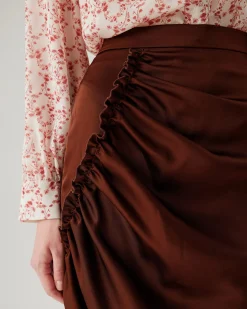 Coffee Ruched Pencil Midi Skirt