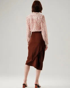 Coffee Ruched Pencil Midi Skirt