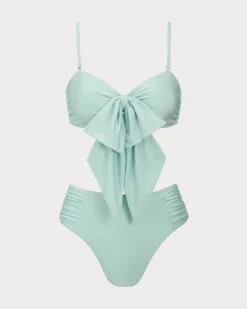 Cyan Ruched Bowknot Bikini Set
