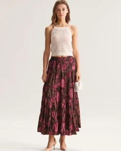 Floral Elastic Waist Pleated Midi Skirt