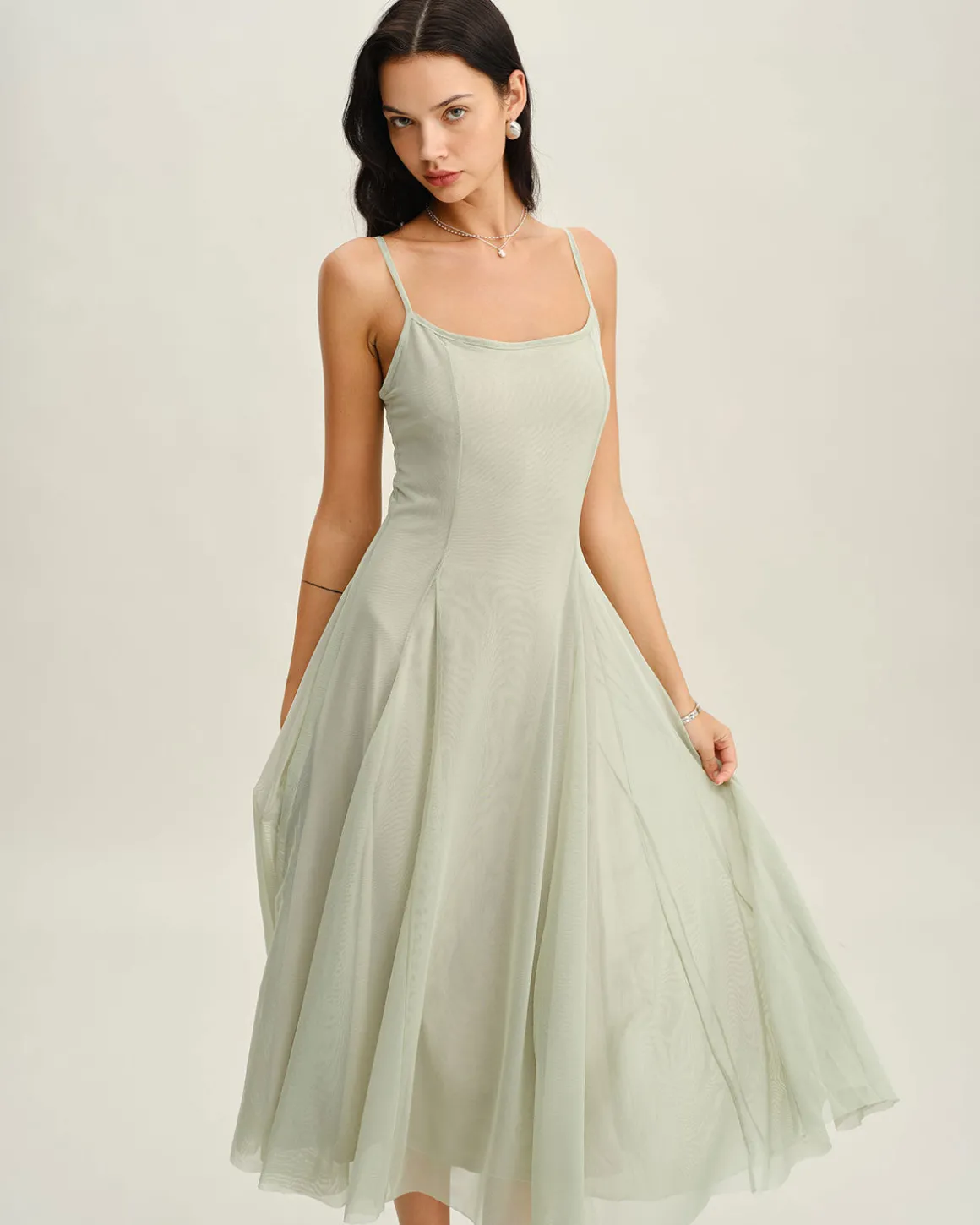 Green A-Line Slip Pleated Midi Dress