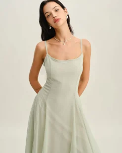 Green A-Line Slip Pleated Midi Dress