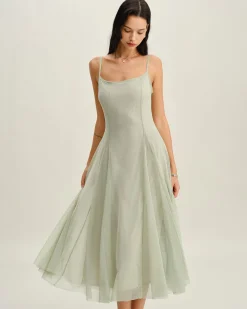 Green A-Line Slip Pleated Midi Dress