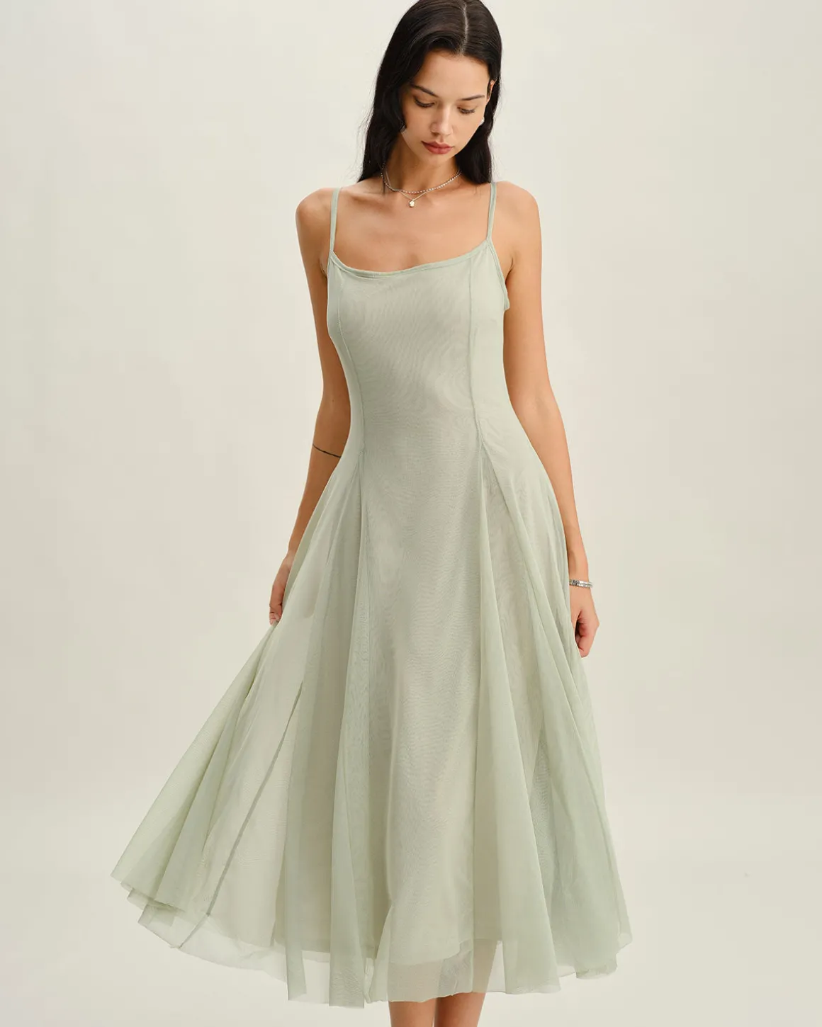 Green A-Line Slip Pleated Midi Dress