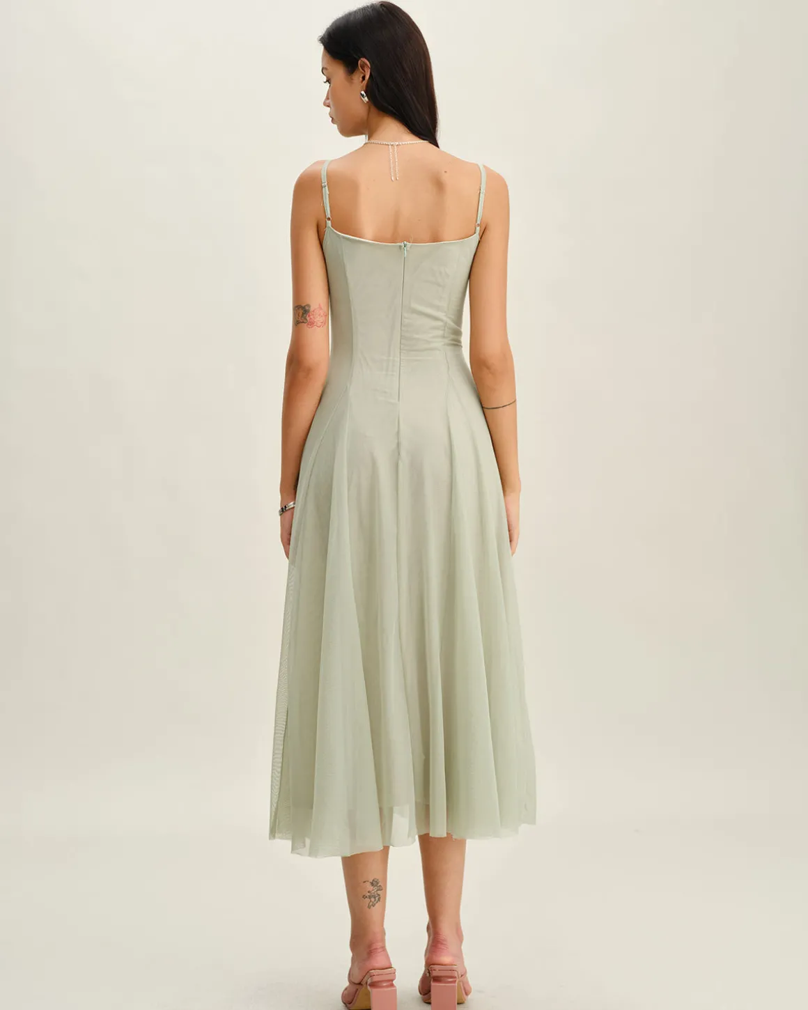 Green A-Line Slip Pleated Midi Dress