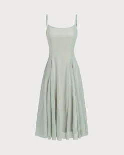 Green A-Line Slip Pleated Midi Dress