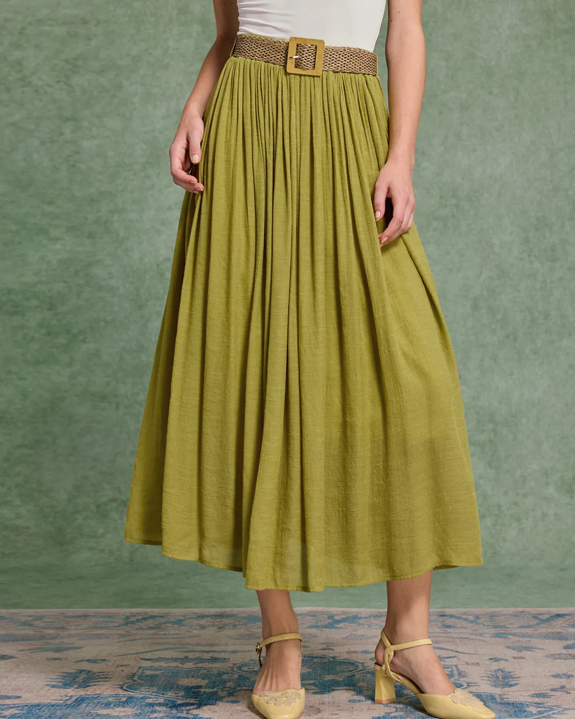 Green Belt Flowy Midi Skirt