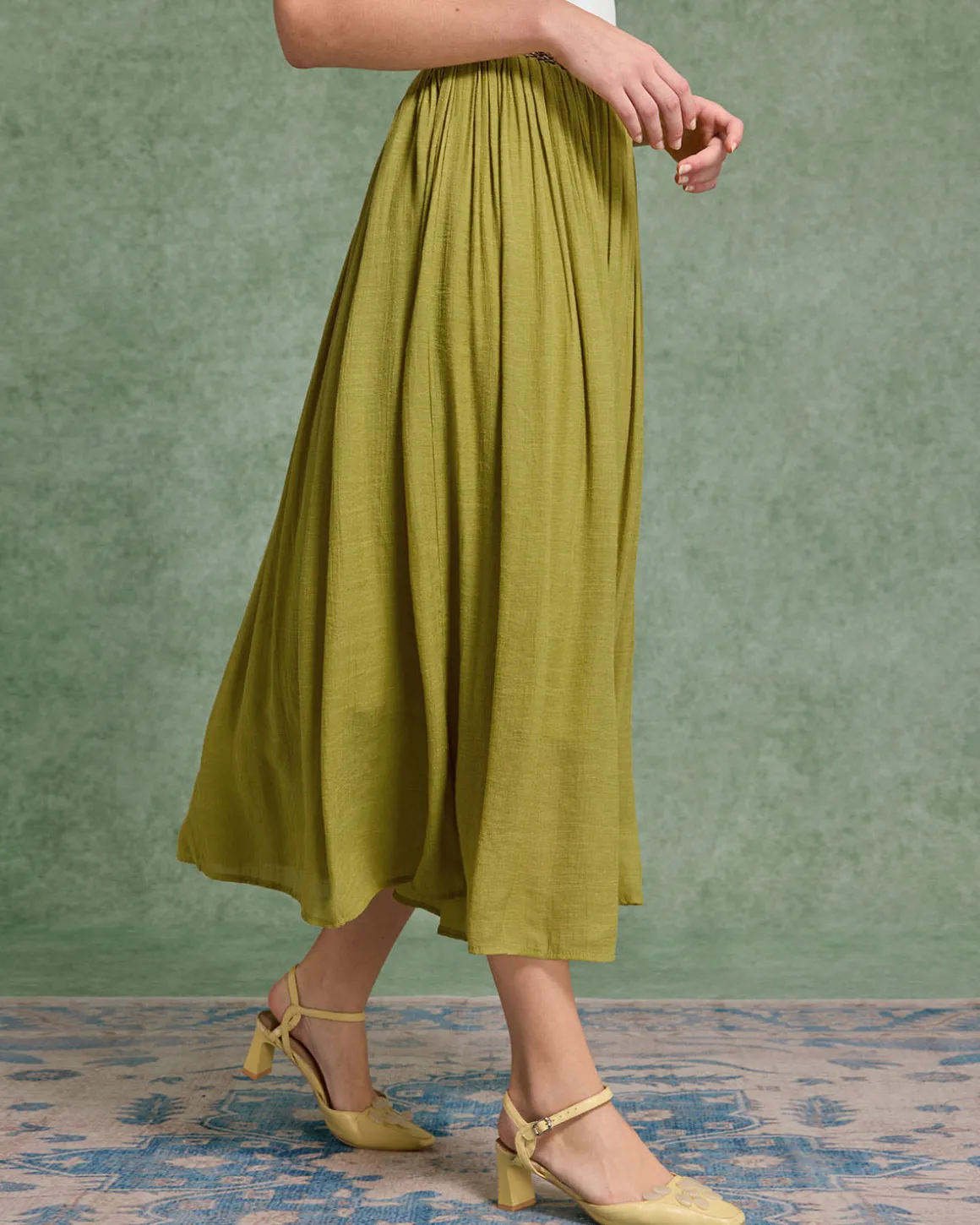 Green Belt Flowy Midi Skirt