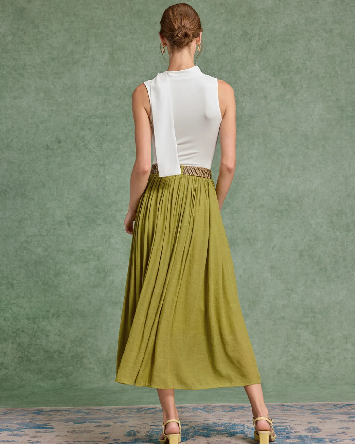 Green Belt Flowy Midi Skirt