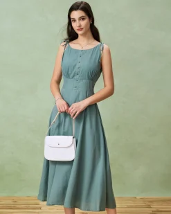 Green Boat Neck Backless Slip Midi Dress