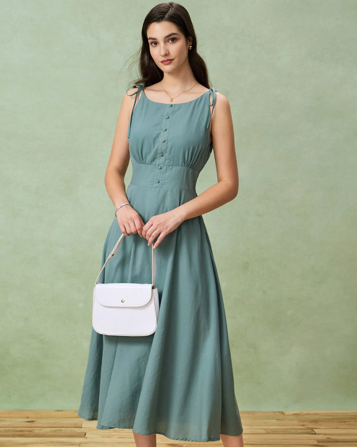 Green Boat Neck Backless Slip Midi Dress