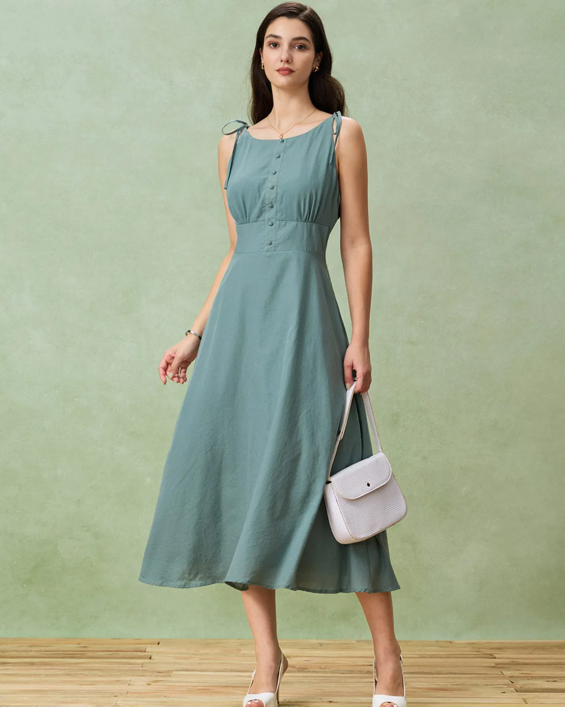 Green Boat Neck Backless Slip Midi Dress