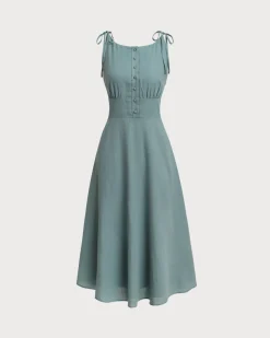 Green Boat Neck Backless Slip Midi Dress