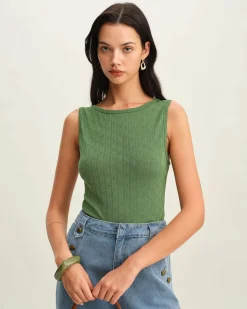 Green Boat Neck Knit Tank Top