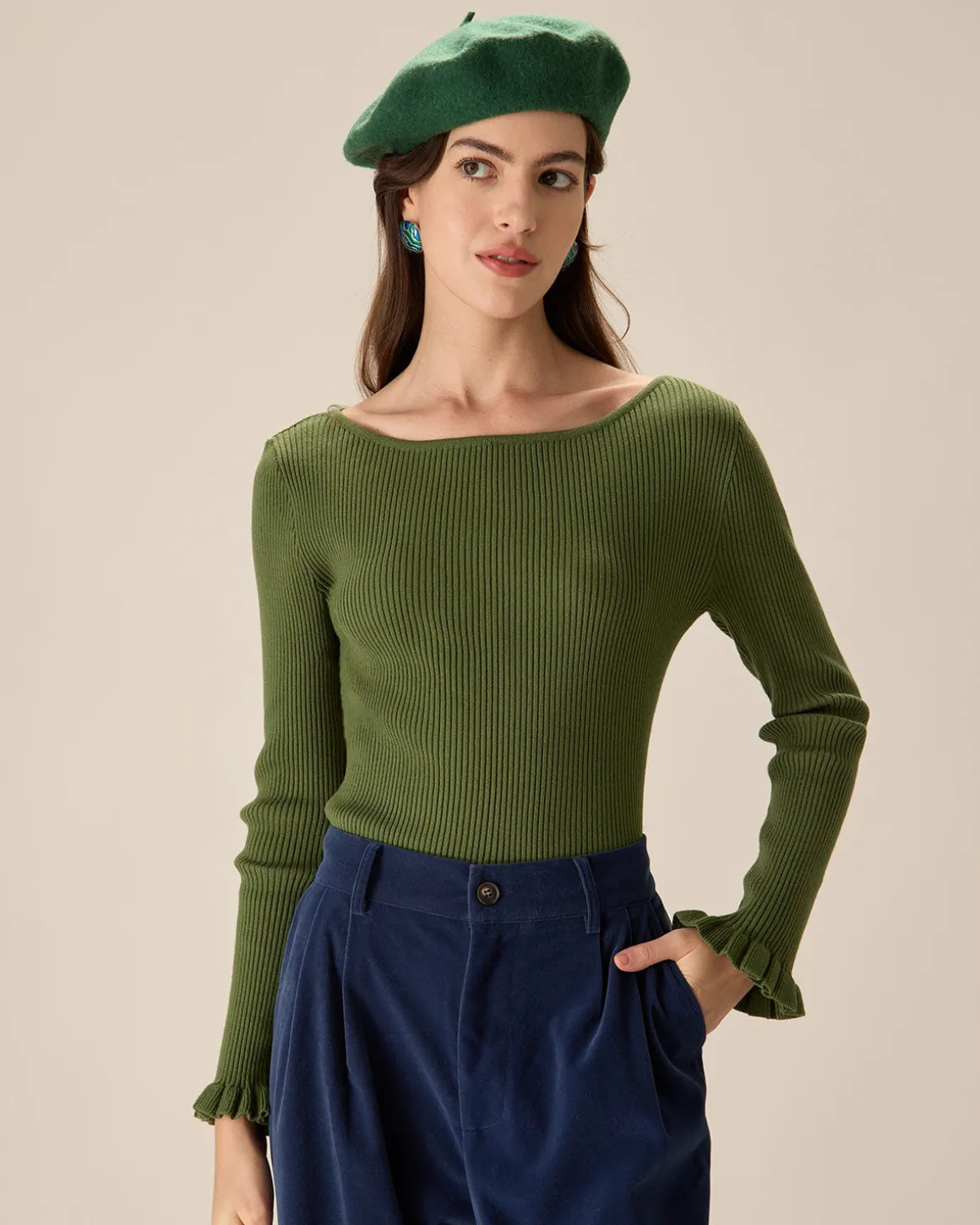 Green Boat Neck Ruffle Slim Tee
