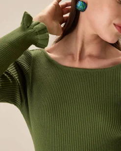 Green Boat Neck Ruffle Slim Tee