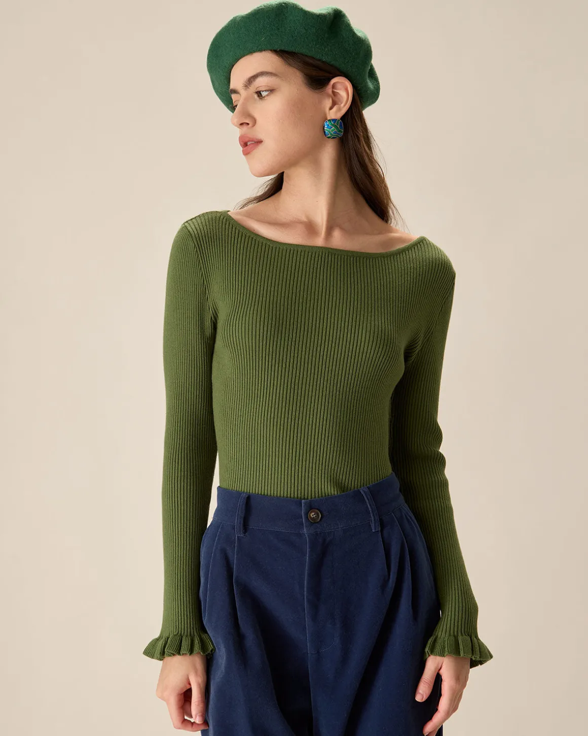 Green Boat Neck Ruffle Slim Tee