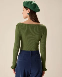 Green Boat Neck Ruffle Slim Tee