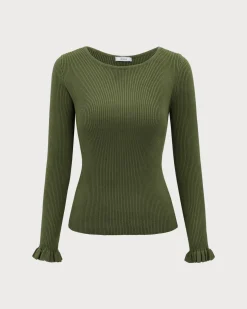 Green Boat Neck Ruffle Slim Tee