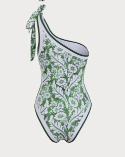 Green Contrast Flower Print One Piece Swimsuit